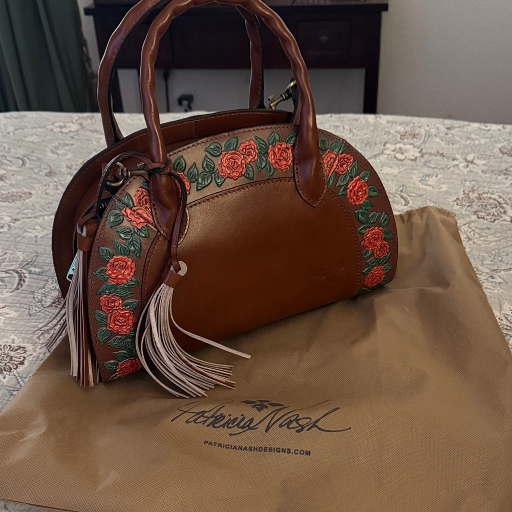 Patricia Nash Tan and Green Embroidered Satchel
